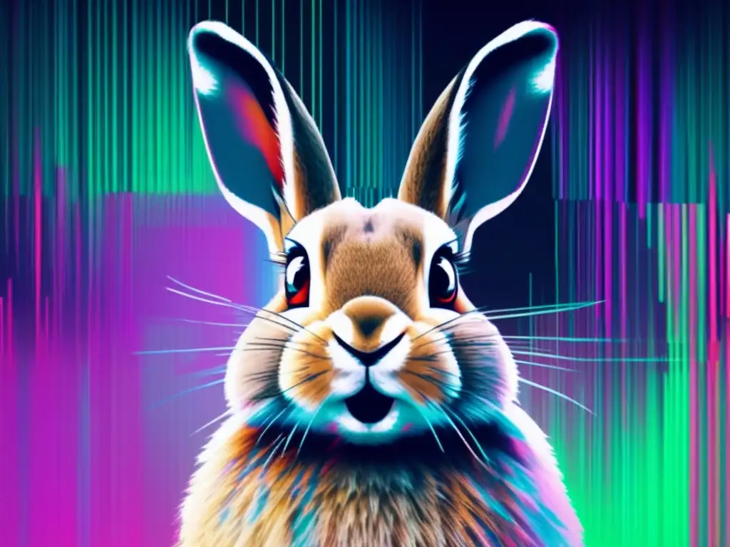 Análisis del ransomware Bad Rabbit: representación glitch del ataque cibernético con rostro amenazante de un conejo pixelado y efectos distorsionados