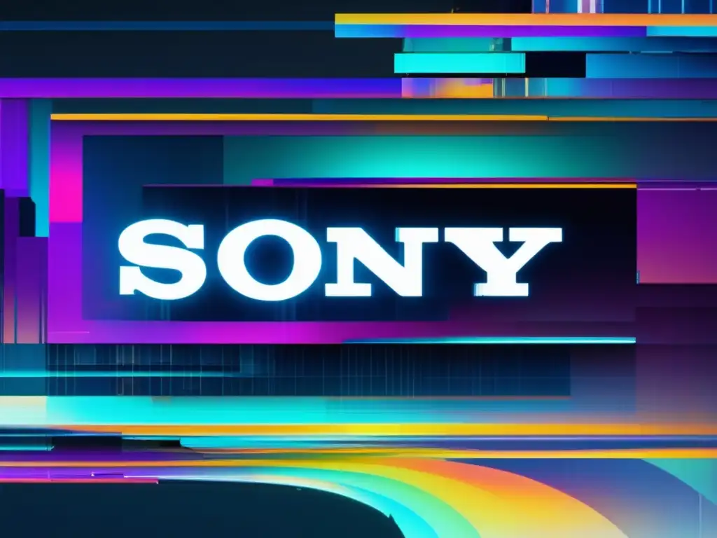 Análisis ciberataque a Sony: arte glitch detallado con logo fragmentado y distorsionado, bloques pixelados, líneas distorsionadas y colores vibrantes