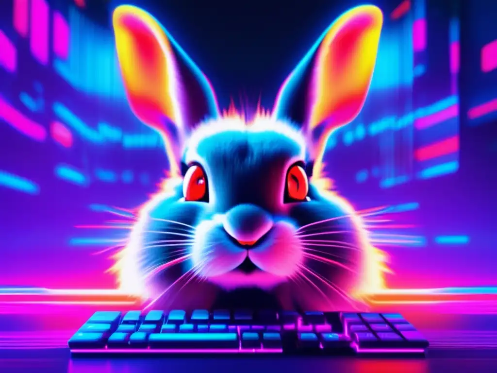 Análisis del ransomware Bad Rabbit: Imagen detallada de una pantalla de computadora con glitches, colores vibrantes y efectos perturbadores