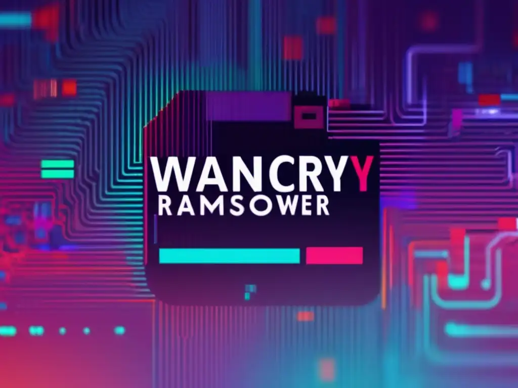 Análisis ransomware WannaCry ciberseguridad: Intrincada imagen glitch de WannaCry con líneas distorsionadas, patrones pixelados y colores vibrantes