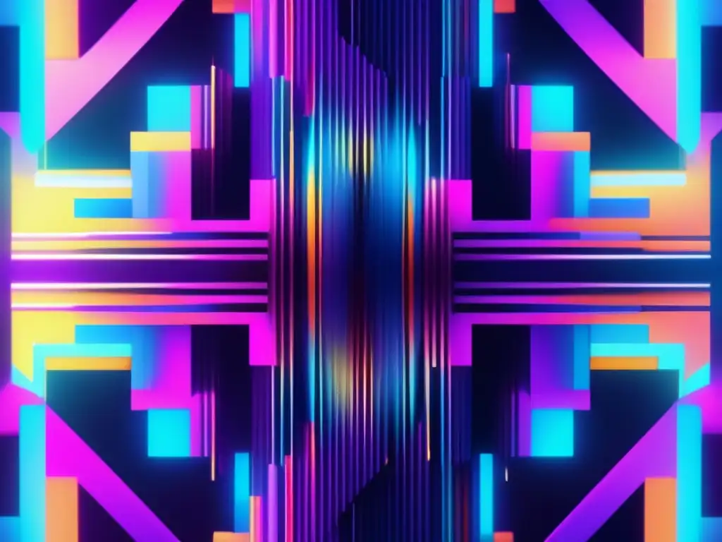 Arte glitch: composición abstracta de colores vibrantes y formas distorsionadas, con un ojo glitched y código binario