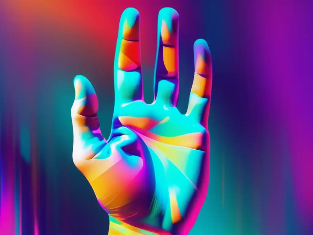 Arte abstracto de glitch con mano humana y colores vibrantes