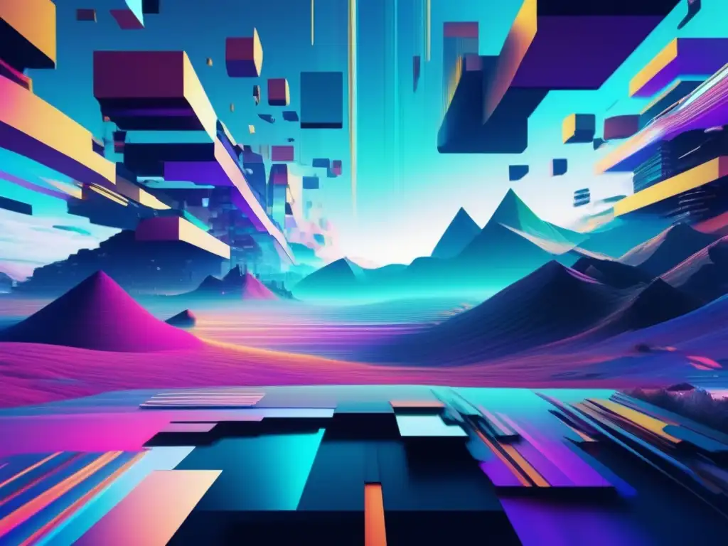 Arte de glitch cautivador con paisaje surrealista y fragmentos de código, resalta la seguridad en grupos de Facebook