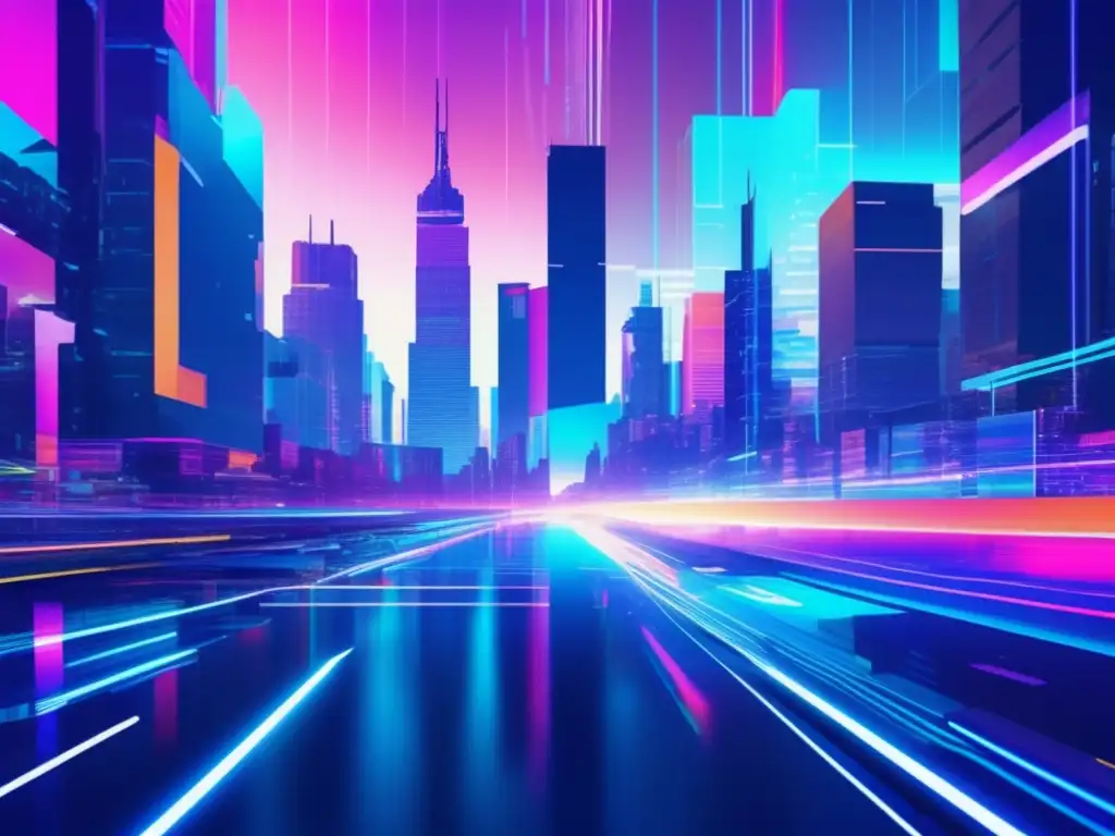 Arte glitch de ciudad futurista con colores neón, reflejando Ley Ciberseguridad Singapur Comercio Internacional