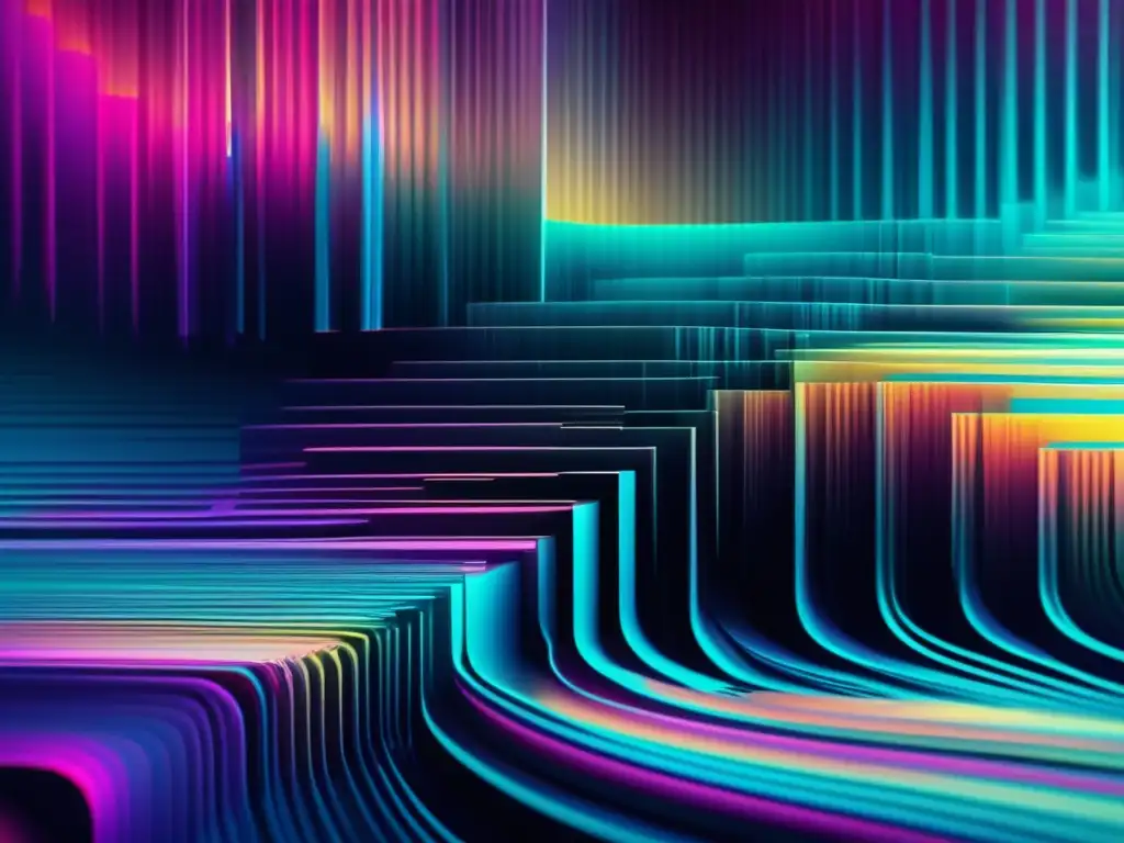 Arte de Glitch: Imagen 8k detallada con colores vibrantes, patrones distorsionados y efectos pixelados que crean una escena caótica