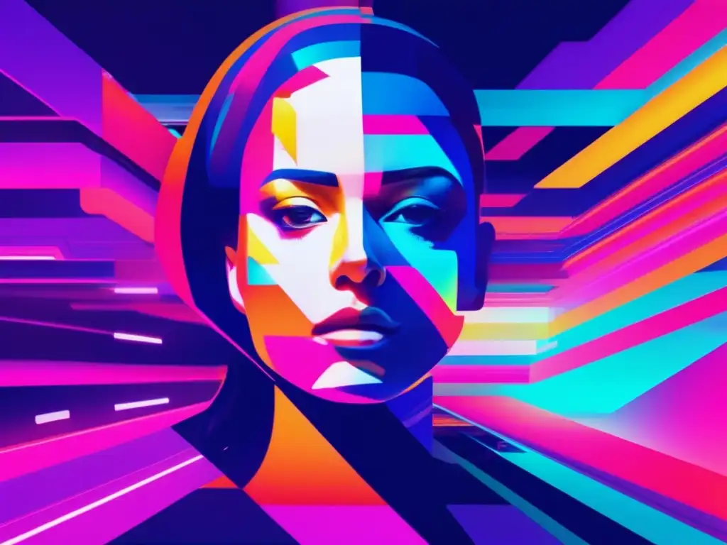 Arte glitch con colores neon, rostro distorsionado y líneas fragmentadas