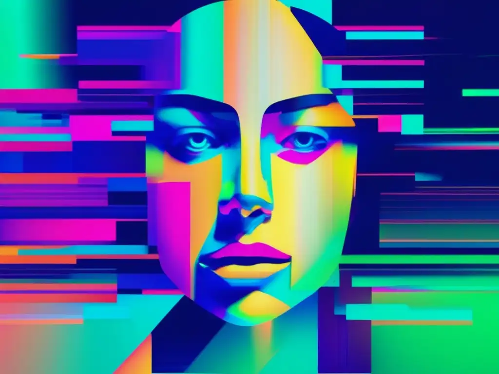 Arte glitch con colores vibrantes y formas distorsionadas, representando el perfil ciberdelincuente: Motivación y características