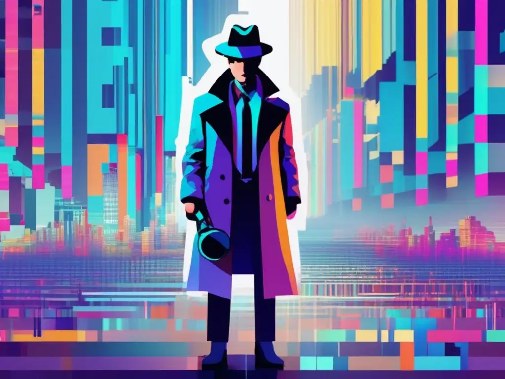 Arte glitch con paisaje digital y figura de detective