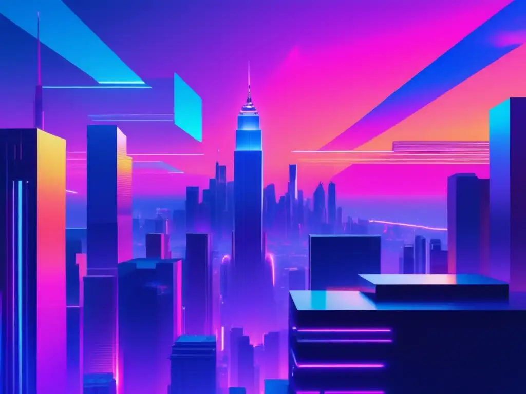 Arte glitch 8K: paisaje digital futurista con colores neón, rascacielos distorsionados y mensajes de phishing