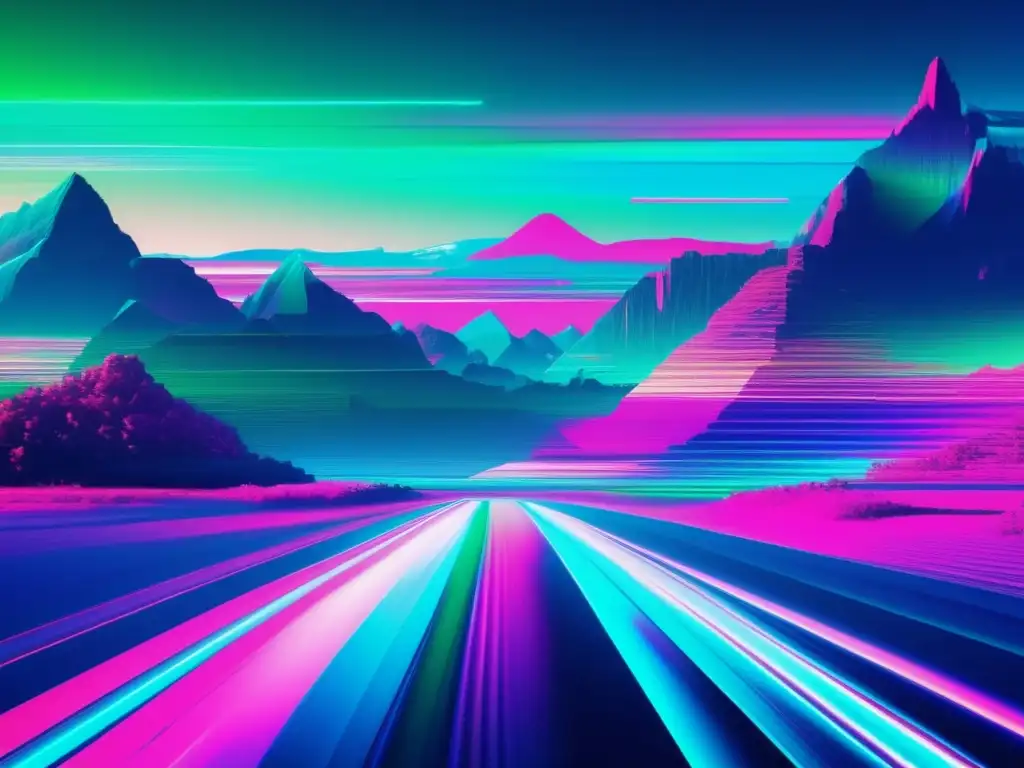 Arte glitch captura atención con paisaje digital transformado, colores intensos y efectos caóticos