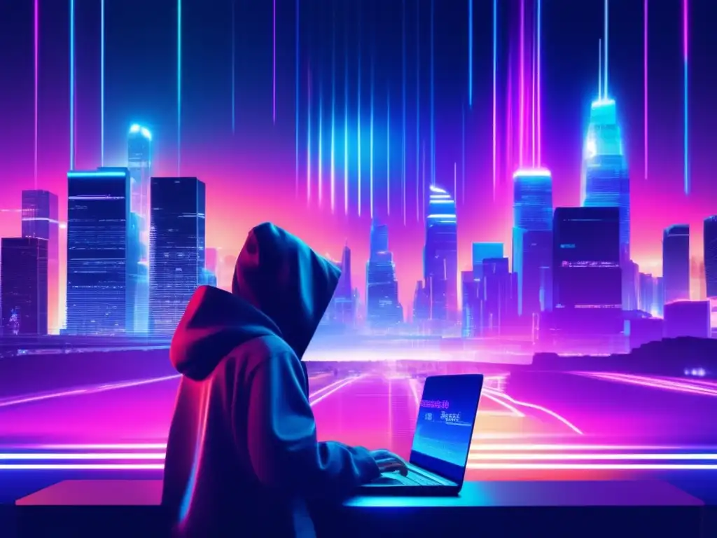 Arte glitch: hacker en paisaje futurista, clave 'Inteligencia de amenazas cibernéticas'