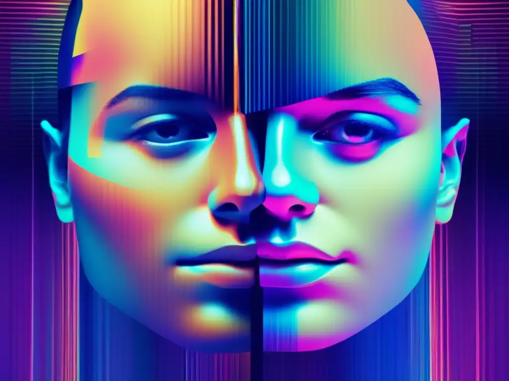 Detectando deepfakes con IA - Arte glitch de rostro dividido en dos, representando lo real y lo falso, con colores vibrantes y distorsionados