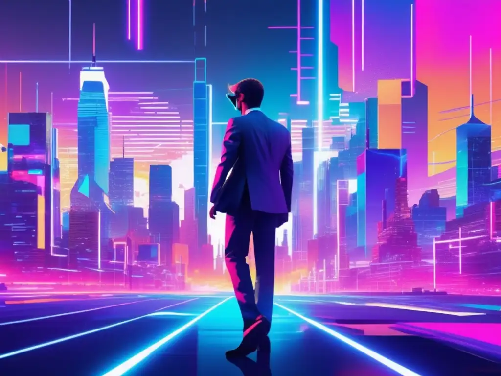 Arte glitch urbano: Futurista paisaje digital con ciberseguridad y colores neón