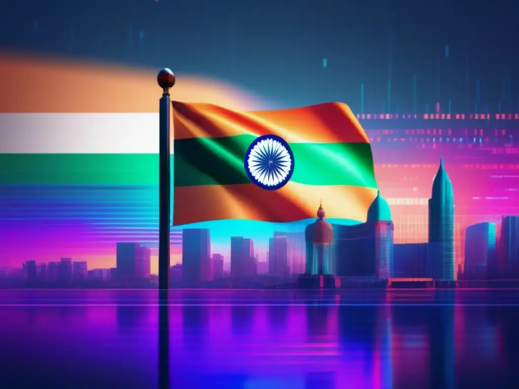 Bandera india glitchada con código binario y paisaje futurista, destacando legislación de ciberseguridad en India