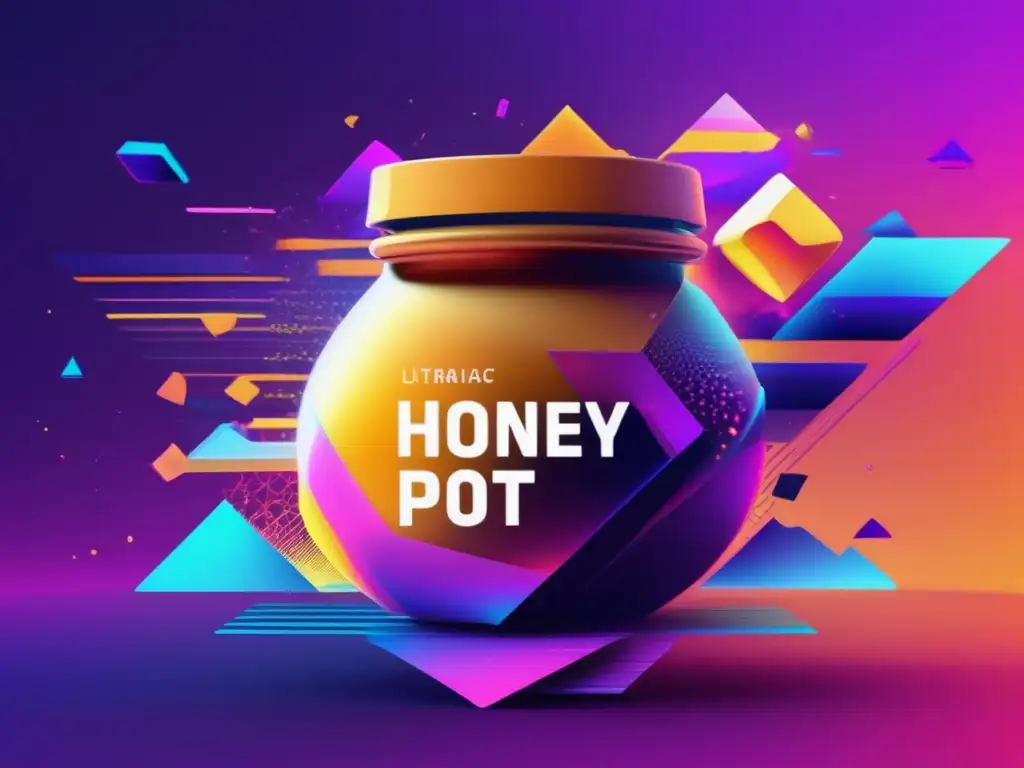 Beneficios de Honey Pots en ciberseguridad: arte glitch 8k con formas geométricas distorsionadas, colores vibrantes y líneas fragmentadas