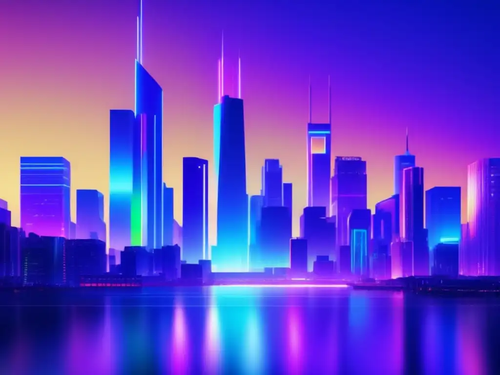 Futuro urbano distópico Beneficios IA en ciberseguridad: Ciudad futurista con efectos glitch, colores vibrantes y riesgos de ciberataques