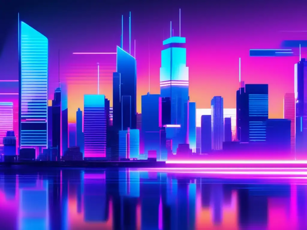 Beneficios Zero Trust en ciberseguridad: Ciudad futurista glitch art con rascacielos distorsionados, figura con aura de seguridad