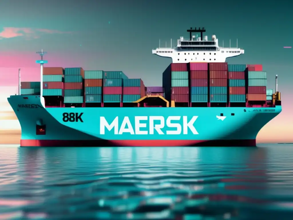 Ciberataque a Maersk: Impacto global en imagen glitch 8k con barco Maersk rodeado de distorsiones y patrones digitales caóticos