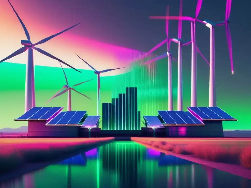 Ciberataques a plantas de energía renovable en un entorno futurista con efecto de arte glitch