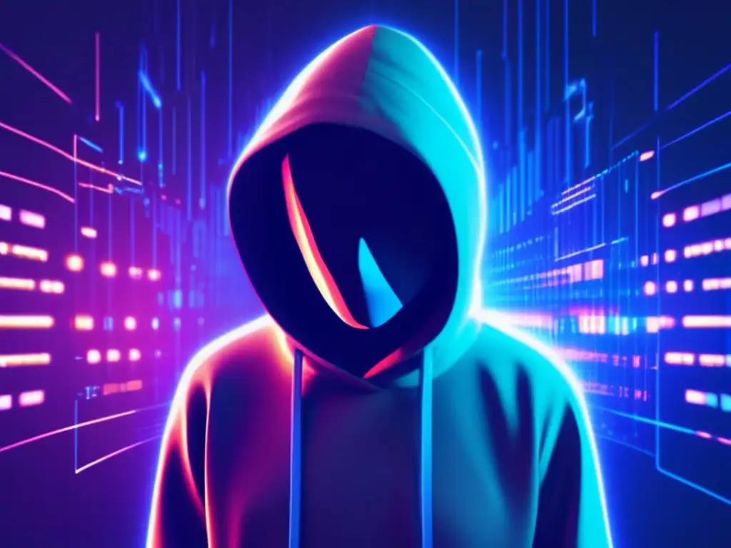 Ciberdelincuencia: Silueta con hoodie, arte glitch y código binario