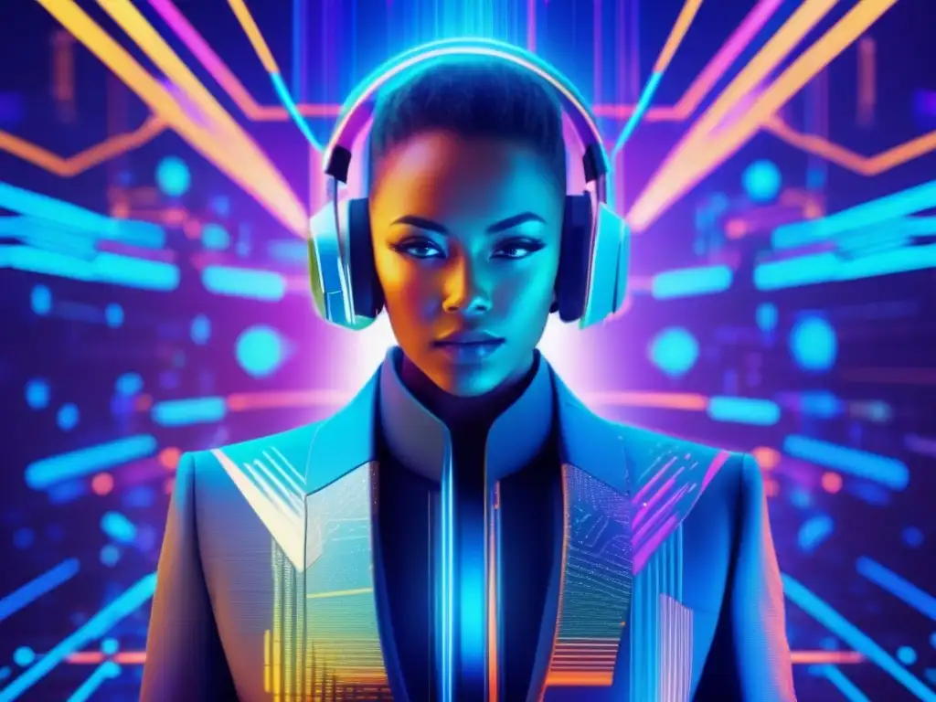 Ciberespacio futurista con avatar y patrones digitales Ciberespacio futurista con avatar virtual y beneficios de IA en ciberseguridad