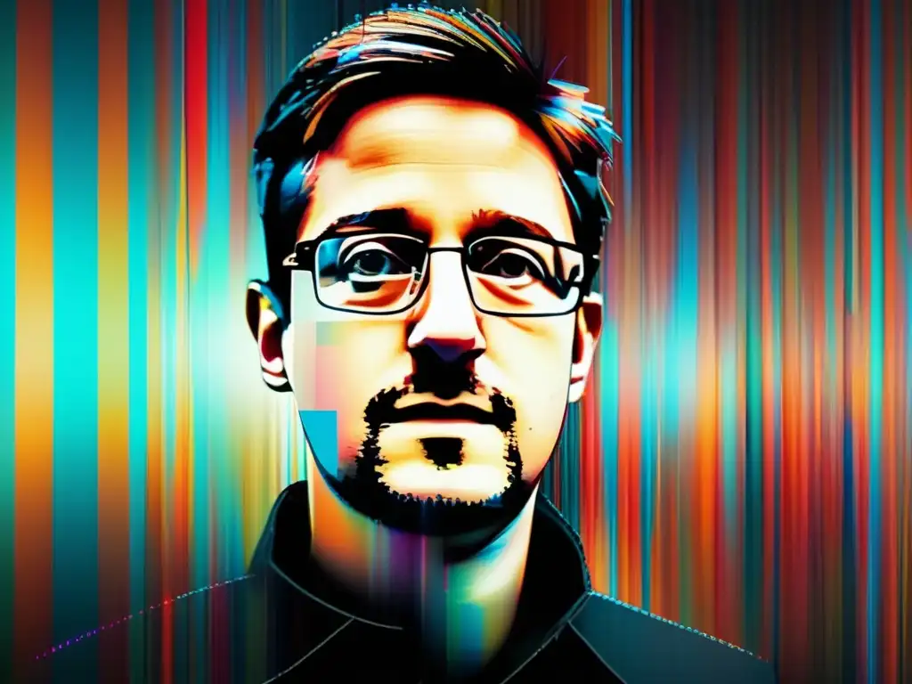 Ciberespionaje: Aspectos legales y Snowden - Retrato distorsionado de Edward Snowden con efecto glitch