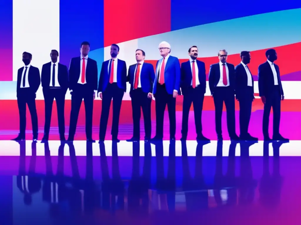 Ciberespionaje en elecciones Francia: Glitch art surrealista de escena electoral francesa con bandera distorsionada y políticos pixelados