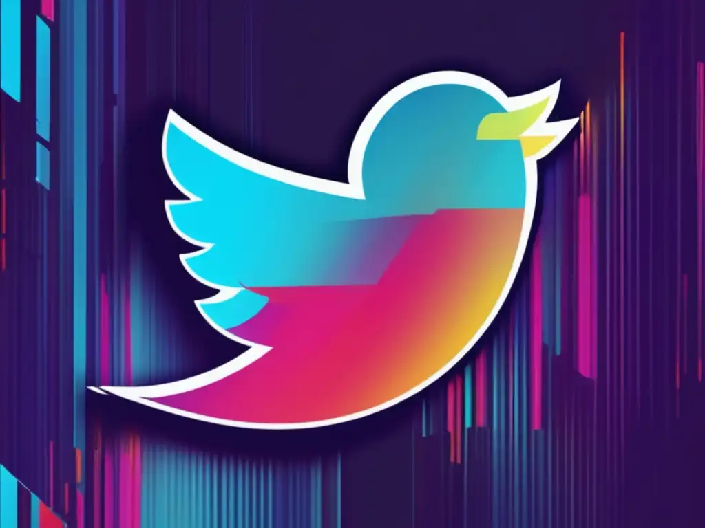 Glitch art del logo de Twitter con colores vibrantes y distorsión digital Ciberseguridad en Twitter: Compartir con precaución