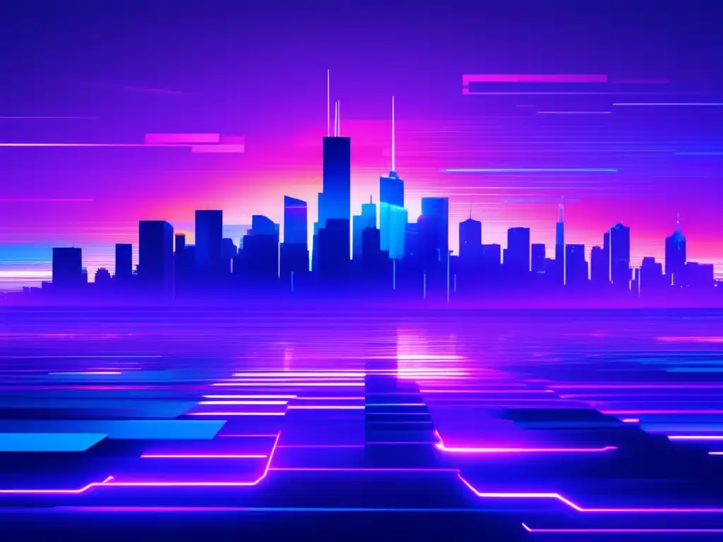 Ciberseguridad adaptativa: ciudad futurista glitch con skyline de rascacielos, colores neón y efectos de glitch