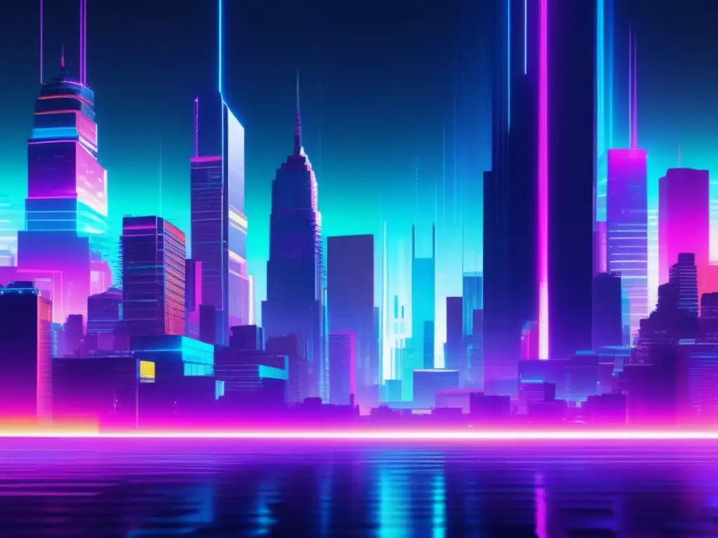 Futurista ciudad neón glitch Ciberseguridad: Ciudad futurista en glitch art con colores neón vibrantes