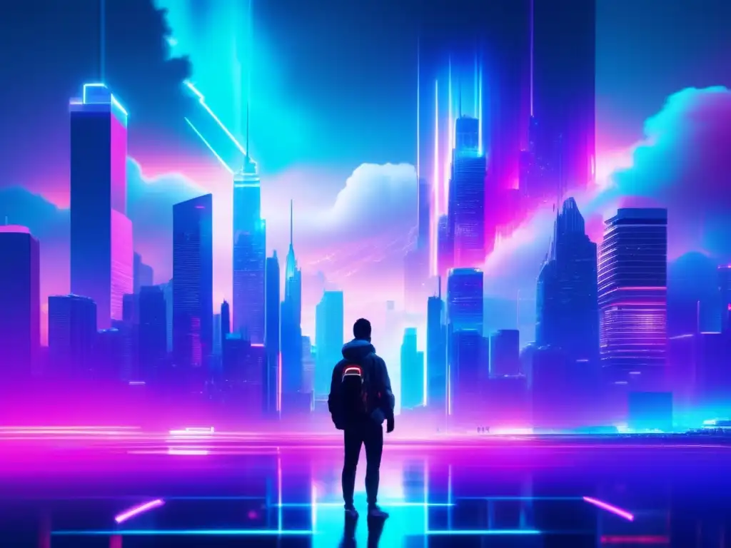 Futurista ciudad en tormenta digital Ciberseguridad: Ciudad futurista, glitch art, arquitectura, colores neón, figura con traje cibernético y escudo de