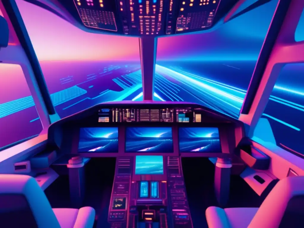 Ciberseguridad en aviónica: Cockpit futurista con glitch art y patrones caóticos que simbolizan la defensa contra ciberataques