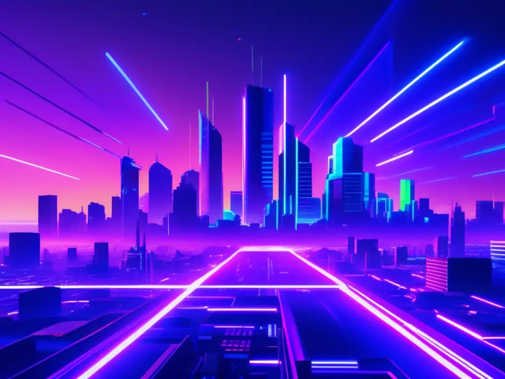 Guía crowdfunding ciberseguridad: Futurista ciudad glitched con vibrantes colores y profesionales gestionando proyecto, tecnología innovadora