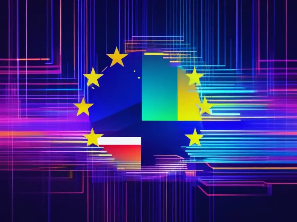 Ciberseguridad en la Unión Europea: Arte glitch futurista que representa la complejidad y desafíos en el ámbito digital