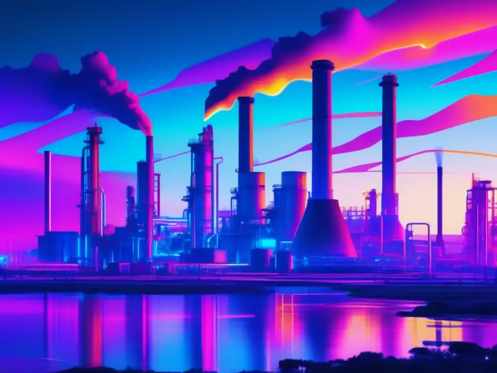 Ciberseguridad en infraestructura crítica: Refinería futurista iluminada por luces neón, afectada por glitch art y representando vulnerabilidades