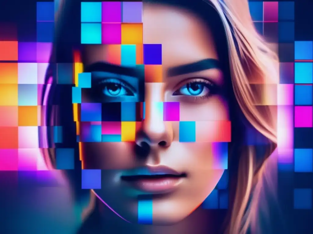 Ciberseguridad y privacidad en línea: Rostro fragmentado en cuadros pixelados con colores neon, una representación de arte glitch 8k