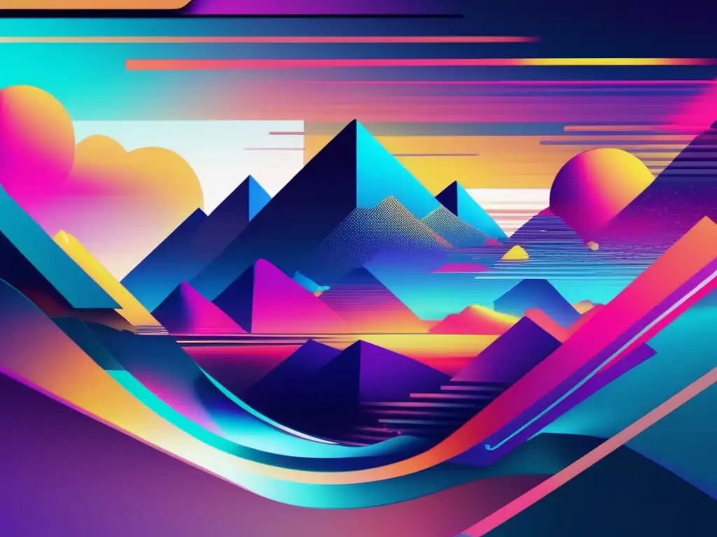 Paisaje distorsionado con elementos pixelados y formas fragmentadas Formación ciberseguridad redes sociales: paisaje distorsionado, colores vibrantes, arte glitch