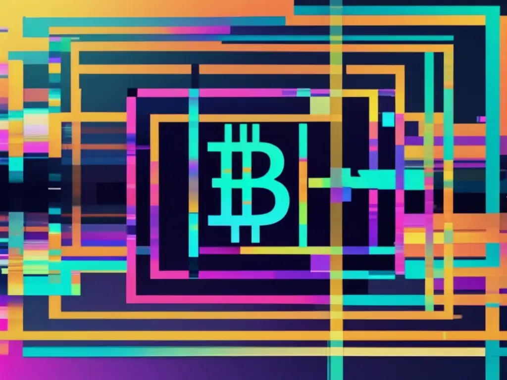 Ciberseguridad en robo Bitcoin: imagen glitch de pantalla caótica y distorsionada, con logos de Bitcoin y símbolos criptográficos