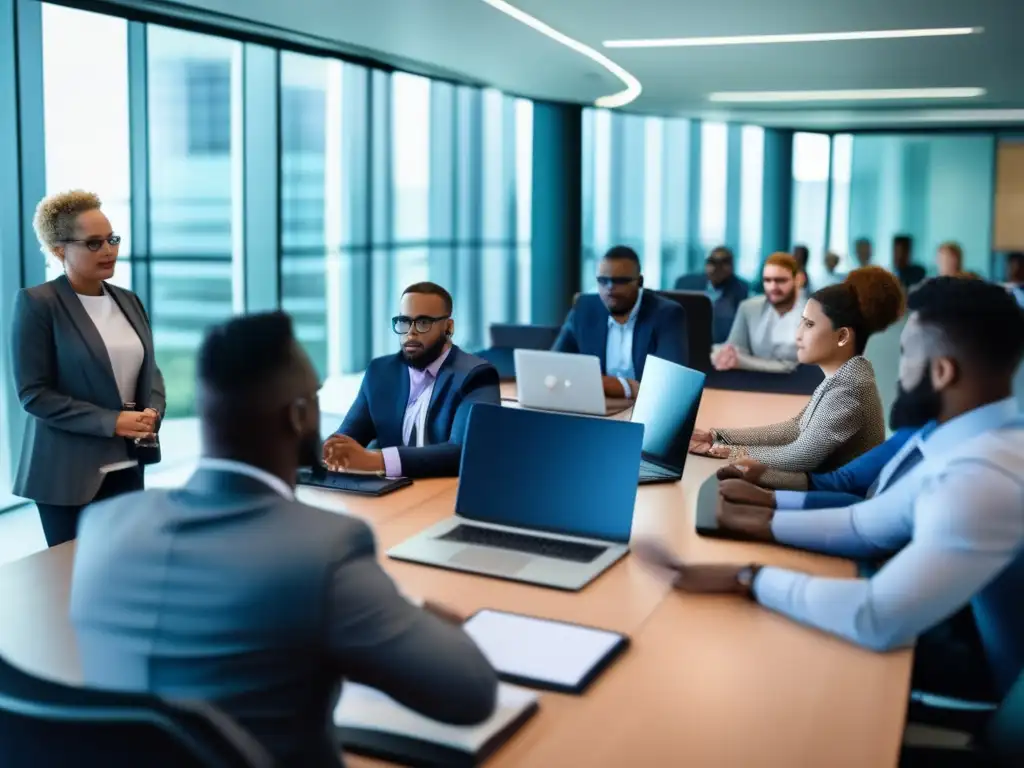 Formación en ciberseguridad para no técnicos: profesionales colaborando y aprendiendo en una sesión dinámica y vibrante