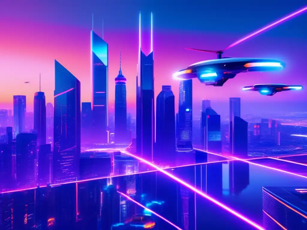 Ciberseguridad en transporte y UAVs en ciudad futurista con skyscrapers y glitch art