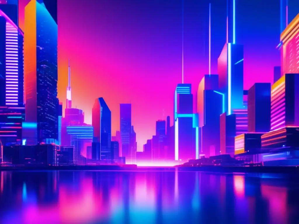 Futurista ciudad con luces neón Ciberterrorismo en IoT: amenazas y contramedidas - Ciudad futurista, glitch art, luces neón, dispositivos IoT interconectados