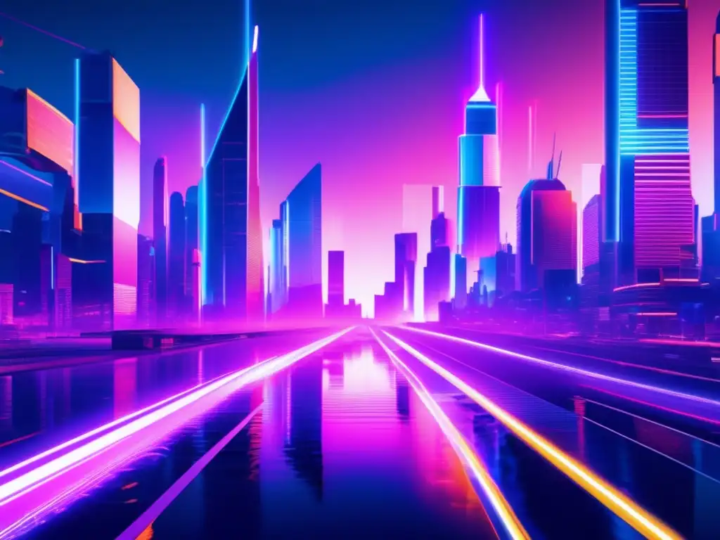 Caos y disrupción en una ciudad futurista Ciberterrorismo en IoT: amenazas y contramedidas - Imagen de glitch art en 8k que muestra una ciudad futurista sumida en el caos y la interrupción