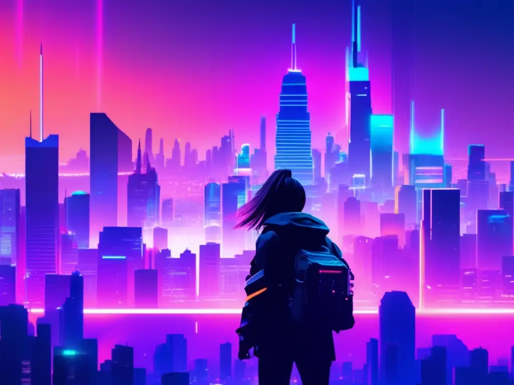 Ciudad cyberpunk con rascacielos, luces neón y glitch: Herramientas gratuitas seguridad digital