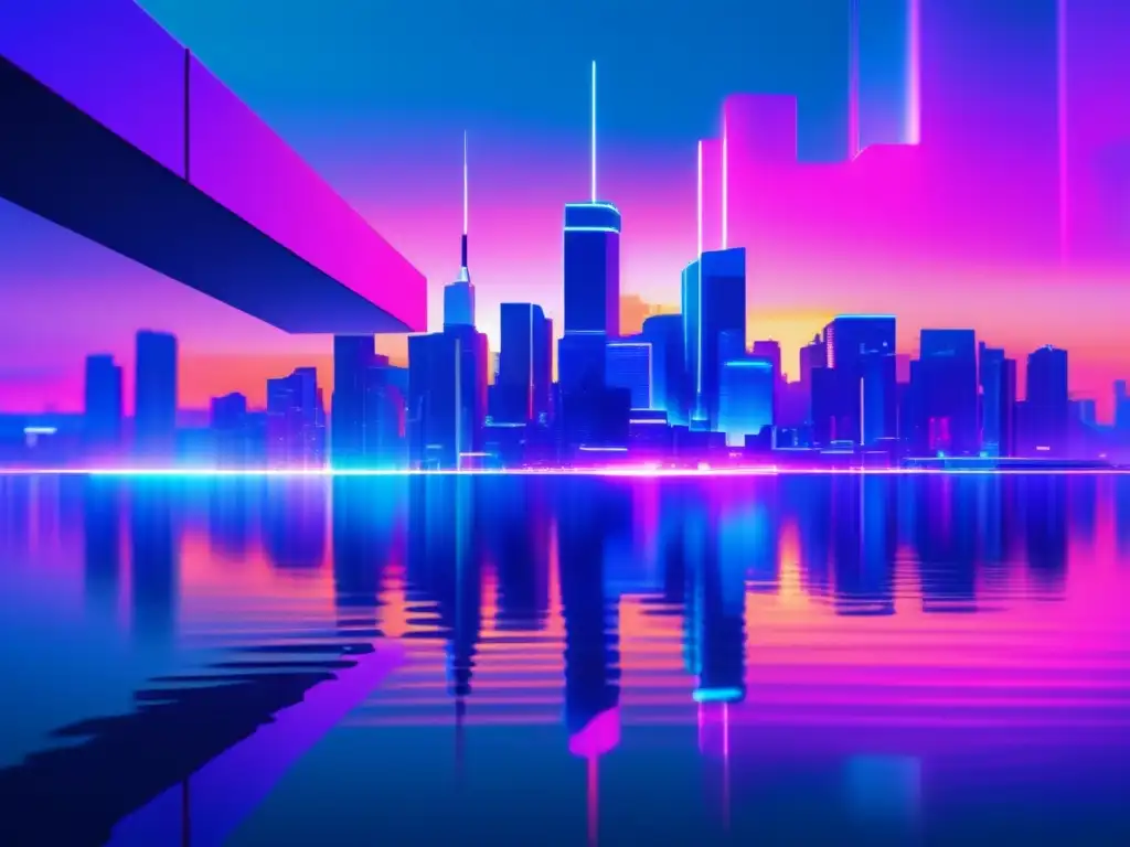 Ciudad futurista distorsionada Ciudad futurista al atardecer con luces neón y glitch art