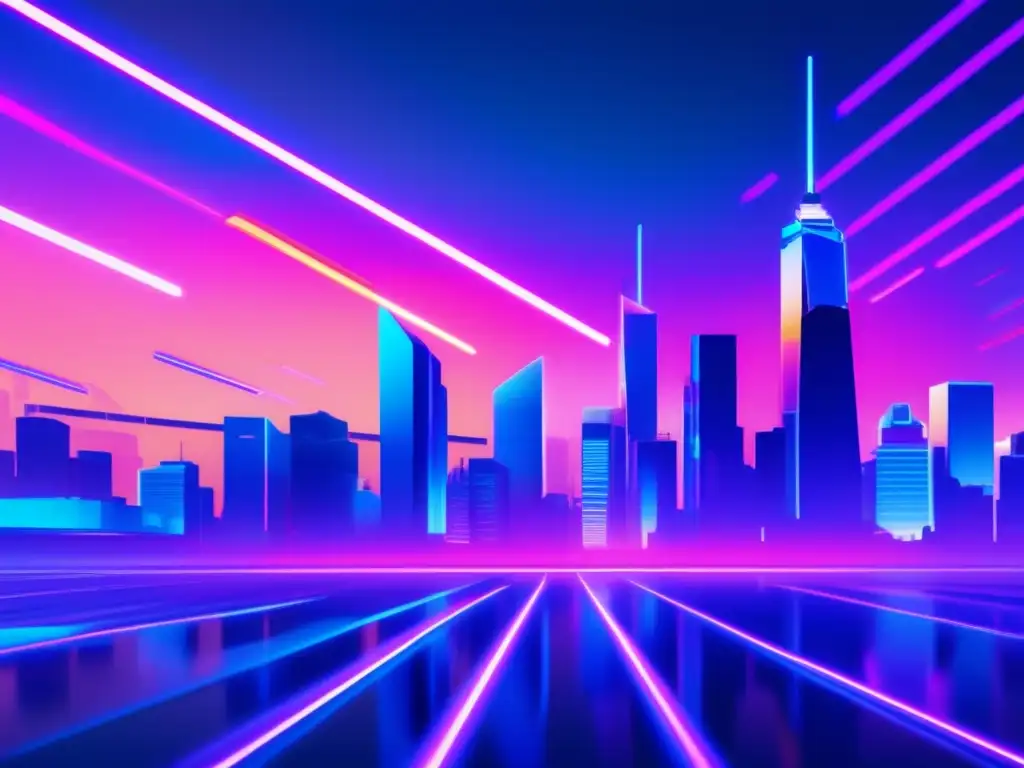 Ciudad futurista al atardecer, con rascacielos neón, glitch art 8K