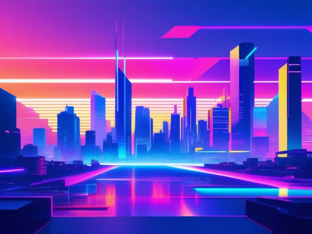 Ciudad futurista con glitch art y colores vibrantes