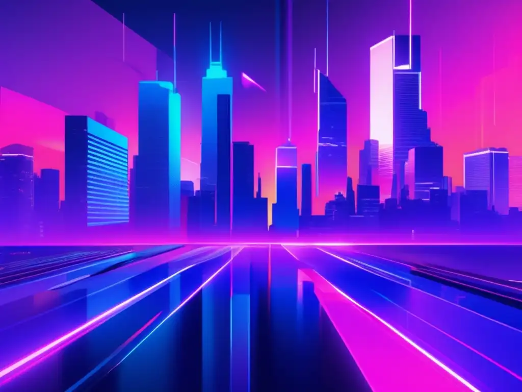 Ciudad futurista y distópica con rascacielos pixelados y luces neón