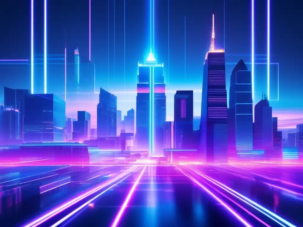 Una ciudad futurista con edificios gubernamentales y luces de neón