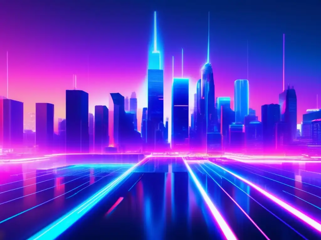 Futurista ciudad con glitch y seguridad Ciudad futurista fragmentada y distorsionada con energía glitch, resaltando la importancia de soluciones de seguridad endpoint ciberseguridad