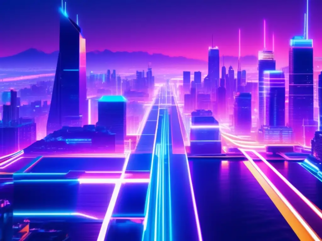 Ciudad futurista con luces neón, glitch art 8k